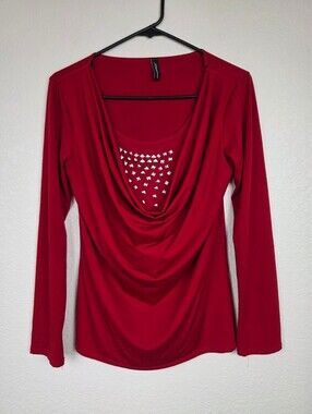 Jason Maxwell Red Long Sleeve Top with Cowl Neck and White Accent